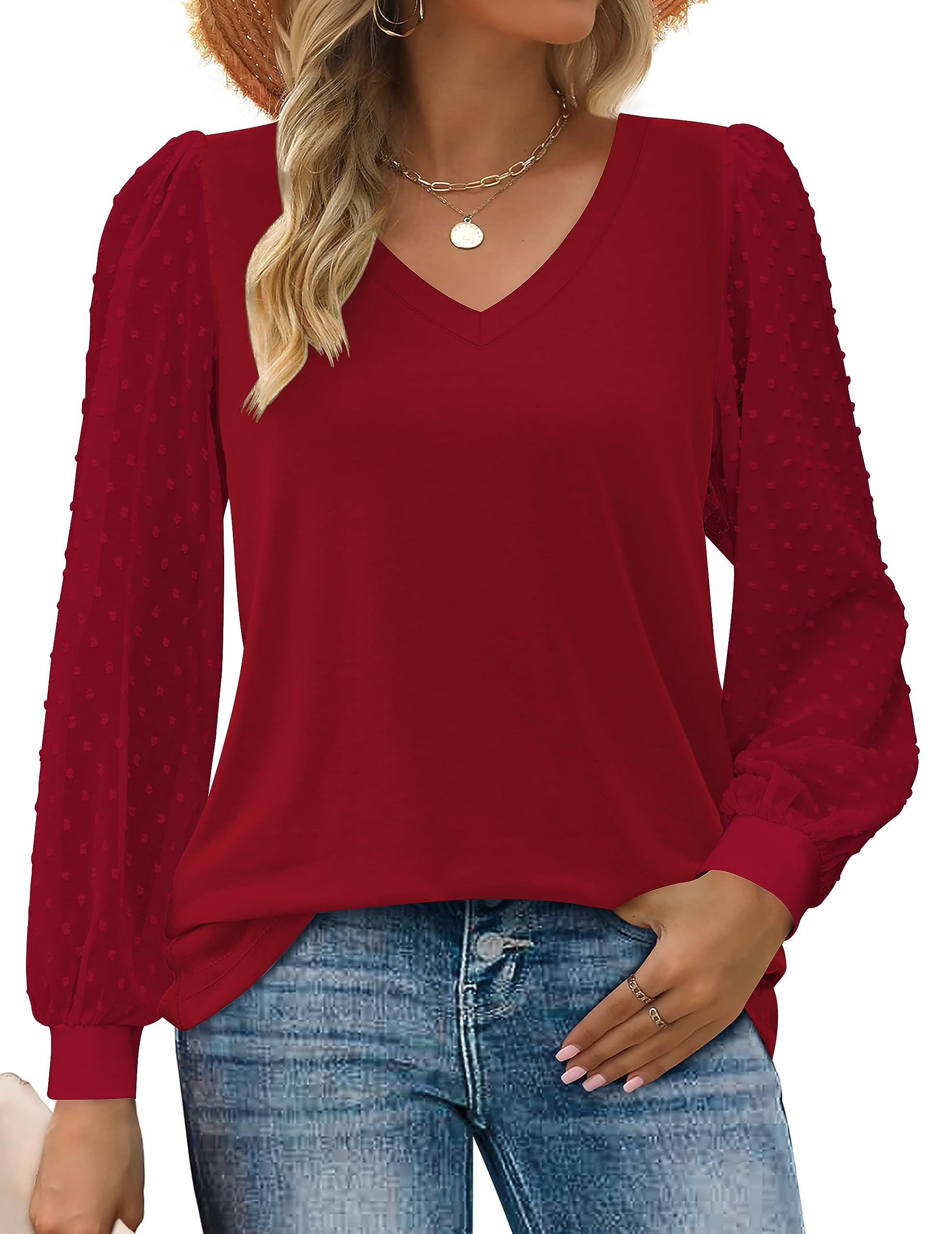Photo 1 of Zeagoo Women's Fashion Tops Casual v Neck Shirts Swiss Dot Long Sleeve Blouse for Women Red