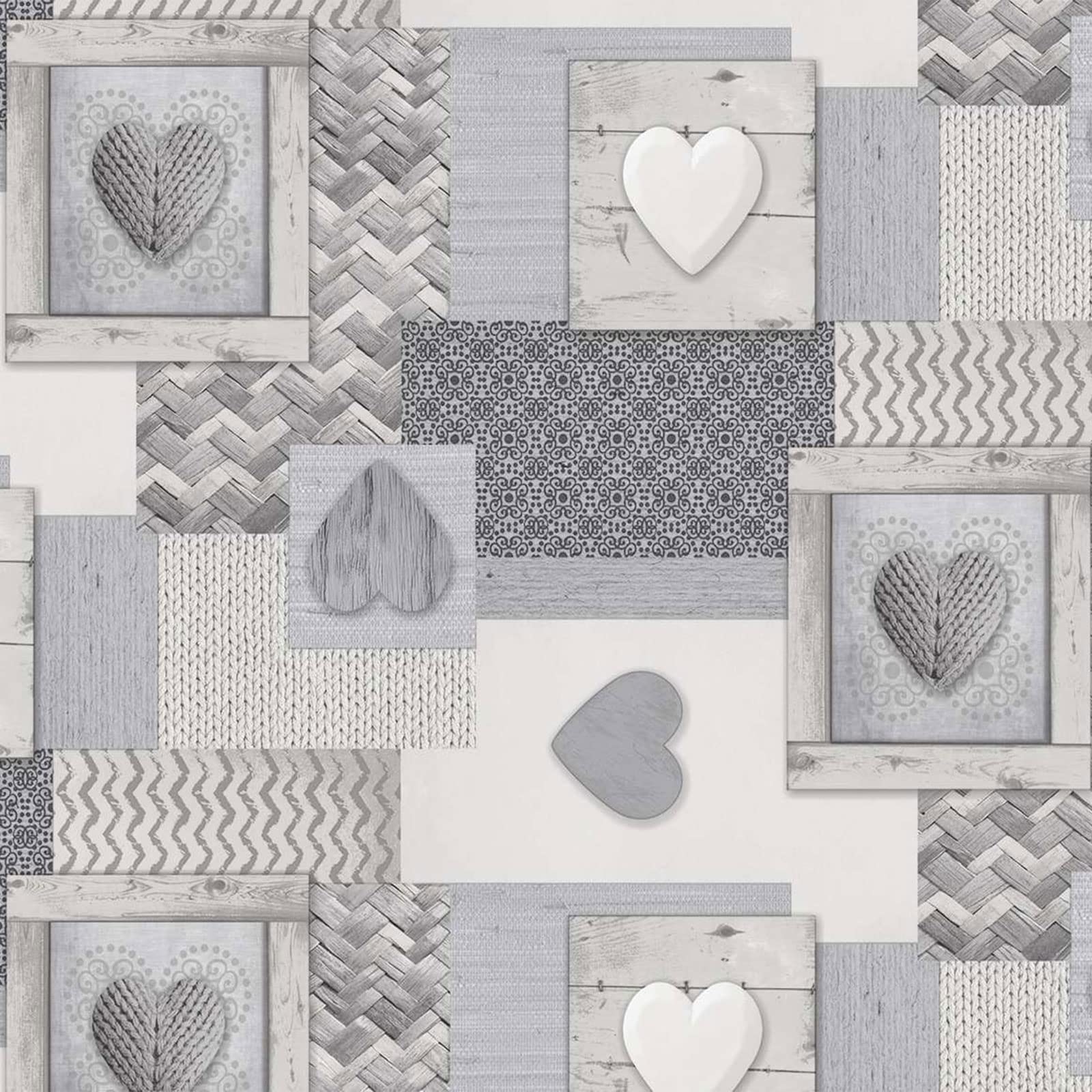 QPC Direct Knitted Hearts Grey PVC Oilcloth Table Cover Vinyl Tablecloth 140 x 200cm Rectangle