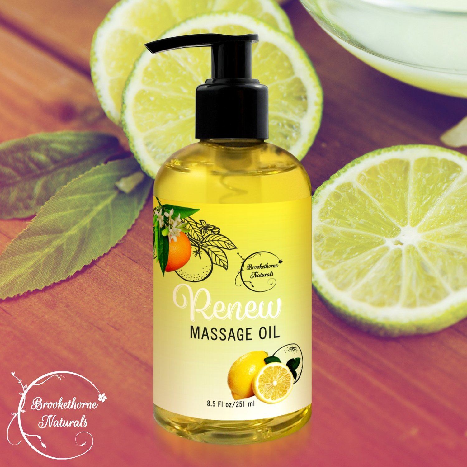 Renew Massage Oil with Orange, Lemon & Peppermint Essential Oils - Great for Massage Therapy or Home use. Ideal for Full Body – with Almond, Grapeseed & Jojoba Oils – By Brookethorne Naturals : Beauty