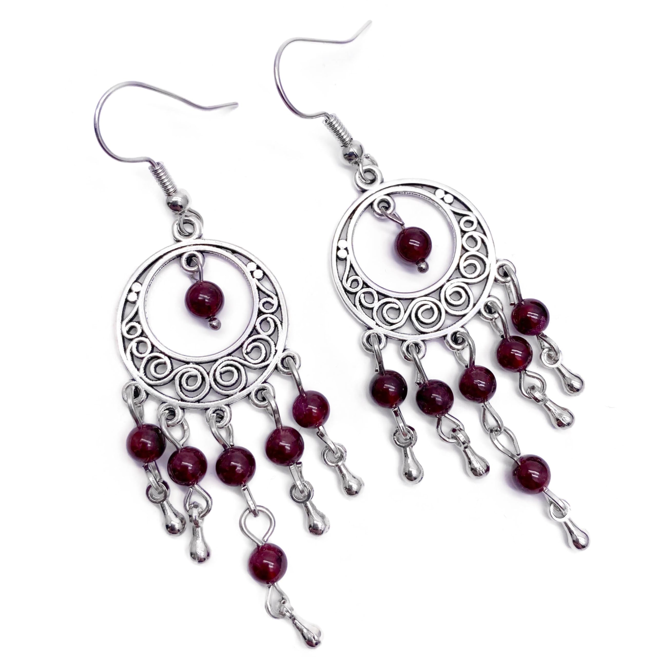 Chandelier Earrings Silver Tone with 4mm Garnet Beads - 70mm Long on Nickel Free Hooks