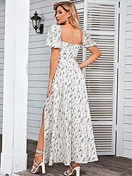 Women's Summer Puff Sleeve Floral Split Maxi Dress
