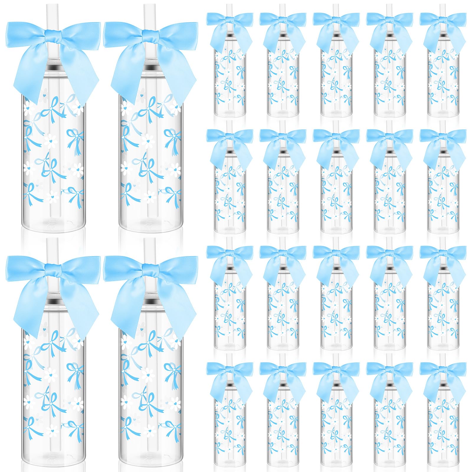 Photo 1 of Jingmore 24 Pcs 14 oz Blue Bow Plastic Cups Reusable Coquette White Florets Aesthetic Cute Bottles with Lids and Straws with Ribbon Bow for Women Birthday Bridal Shower Wedding Gifts Party Supplies