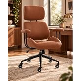 E-Motie Mid-Century Modern Desk Chair, Brown Ergonomic Leather Office Chair | Automotive-Grade Memory Foam, Segmented Design, Adjustable Headrest &amp; Backrest, Lumbar Support for Adults, Long Hours Sitting