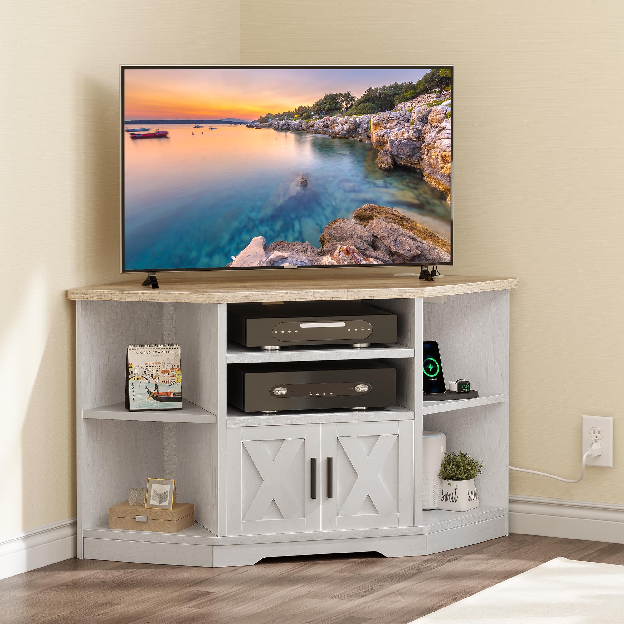 Photo 1 of **It is used, it lacks feet, I don't know if it works 100%***YITAHOME Corner TV Stand for 55/50 Inch TV, Farmhouse TV Stand for Living Room, Entertainment Center with Storage & Power Outlet, TV Console Cabinet for Living Room, Grey Wash & Grey White