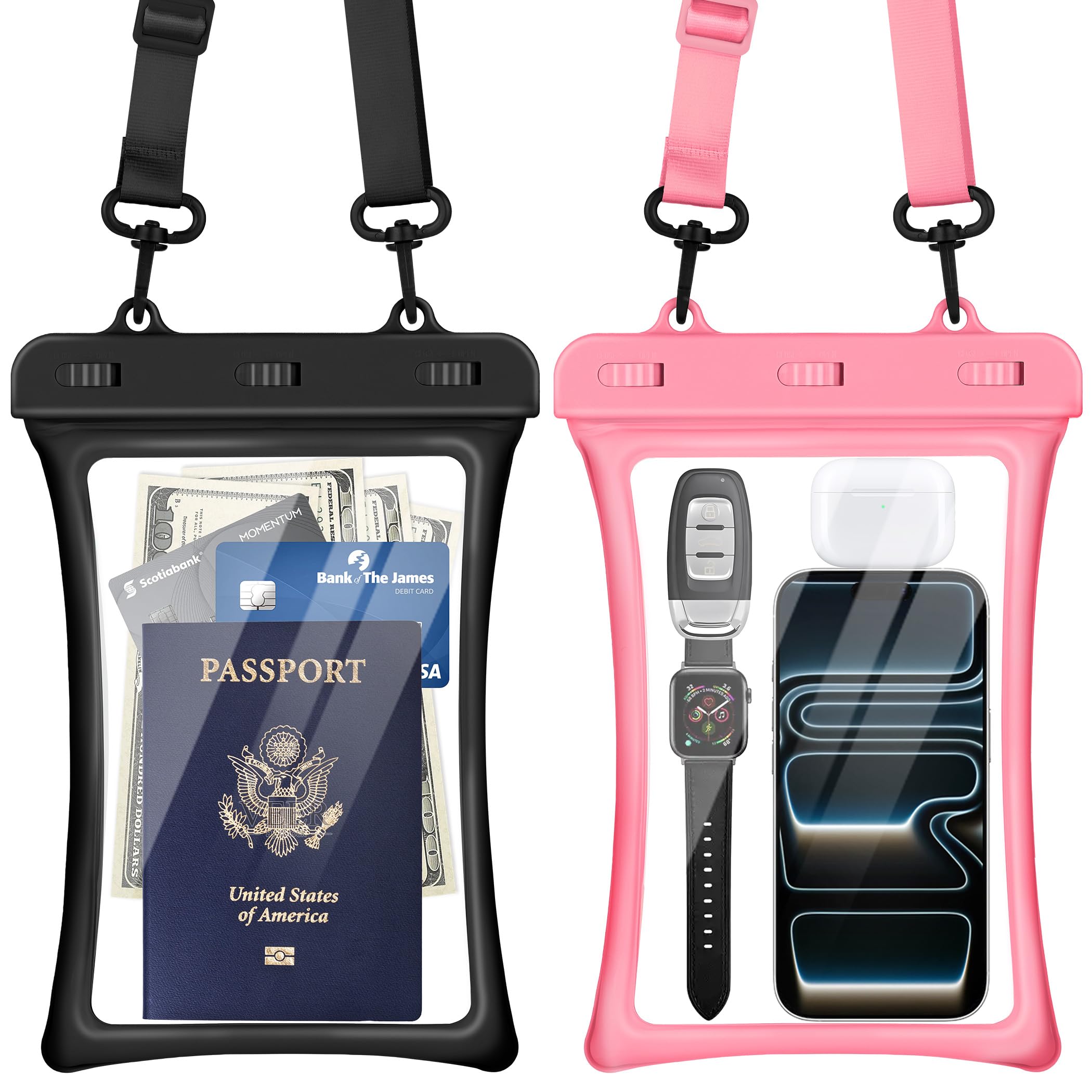 CACOE [Floatable Floating Universal IPX8 Waterproof Phone case 2 Pack-Up to 10.0",Adjustable Lanyard Phone Pouch,Cellphone Dry Bags for Vacation Beach Pool Kayak Cruise Travel Essentials（Black+Pink）