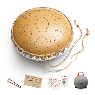 Panda Drum Pro (Sandstone) | Steel Tongue Handpan with Music Book, Mallets, Carrying Bag & Finger Picks | 15 inch, 432 Hz | Rain Drum for Inside, Outside | Calming Musical Instrument for Adults, Kids