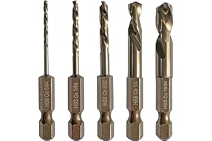 NordWolf 5-Piece M35 Cobalt Stubby Left Hand Drill Bit Set, Reverse Twist with 1/4" Hex Shank for Screw Extractors, SAE Sizes