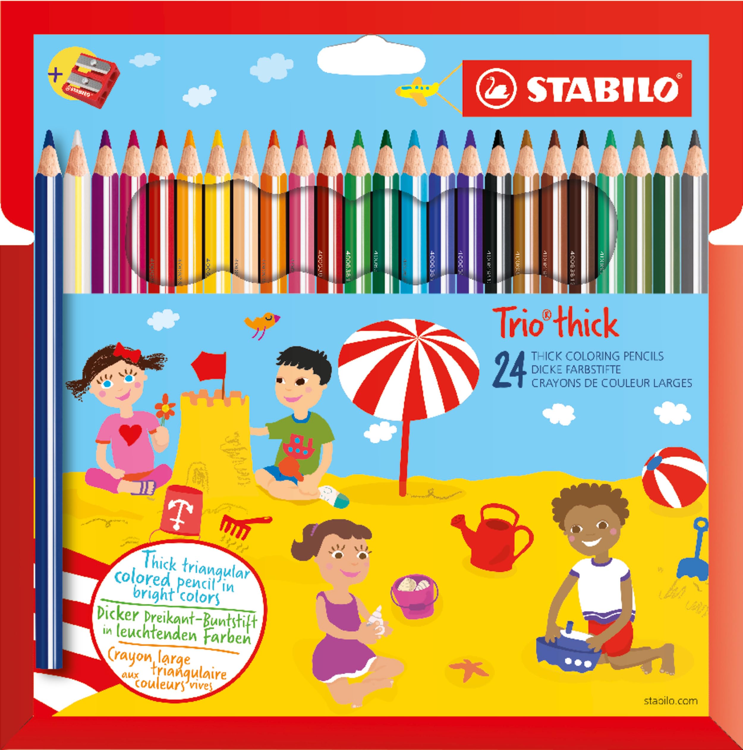 STABILO Trio thick - Triangular Colouring Pencil - Pack of 24 - Assorted Colours with Sharpener