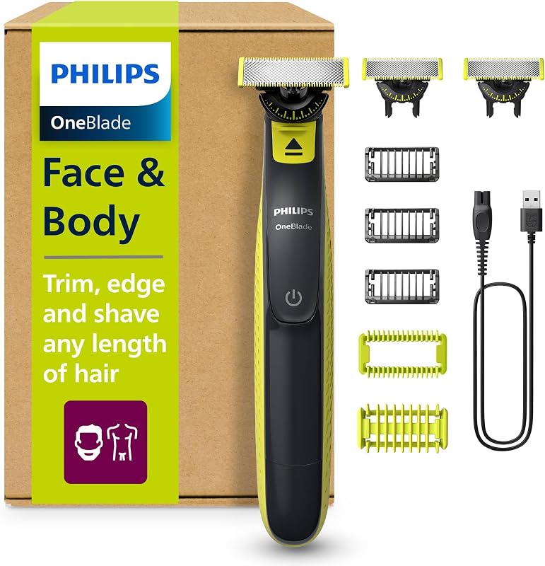 OneBlade 360 Autentico Regolabarba Elettrico per Viso e Corpo, Rasoio e Spazzola, 3x 360 Lame, 3x Pettine per Barba (1,3,5 mm), 1x Kit per il Corpo, QP2824/31