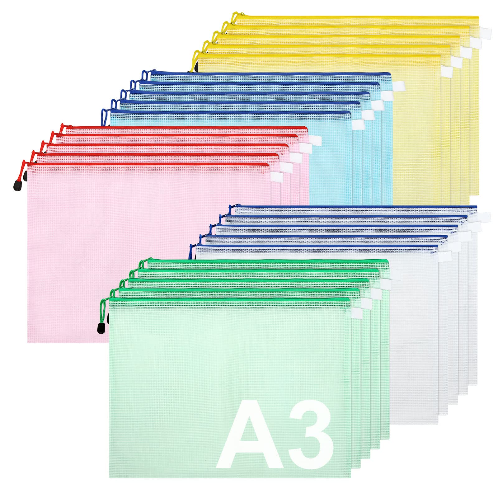 YOUNTHYE 25PCS Plastic Wallets A3 Zip Wallets, A3 Mesh Document Folder Mesh Zipper Pouch Large Zip Folders, Document Wallet for Home School Office Supplies, Travel Accessories(5 Colors)