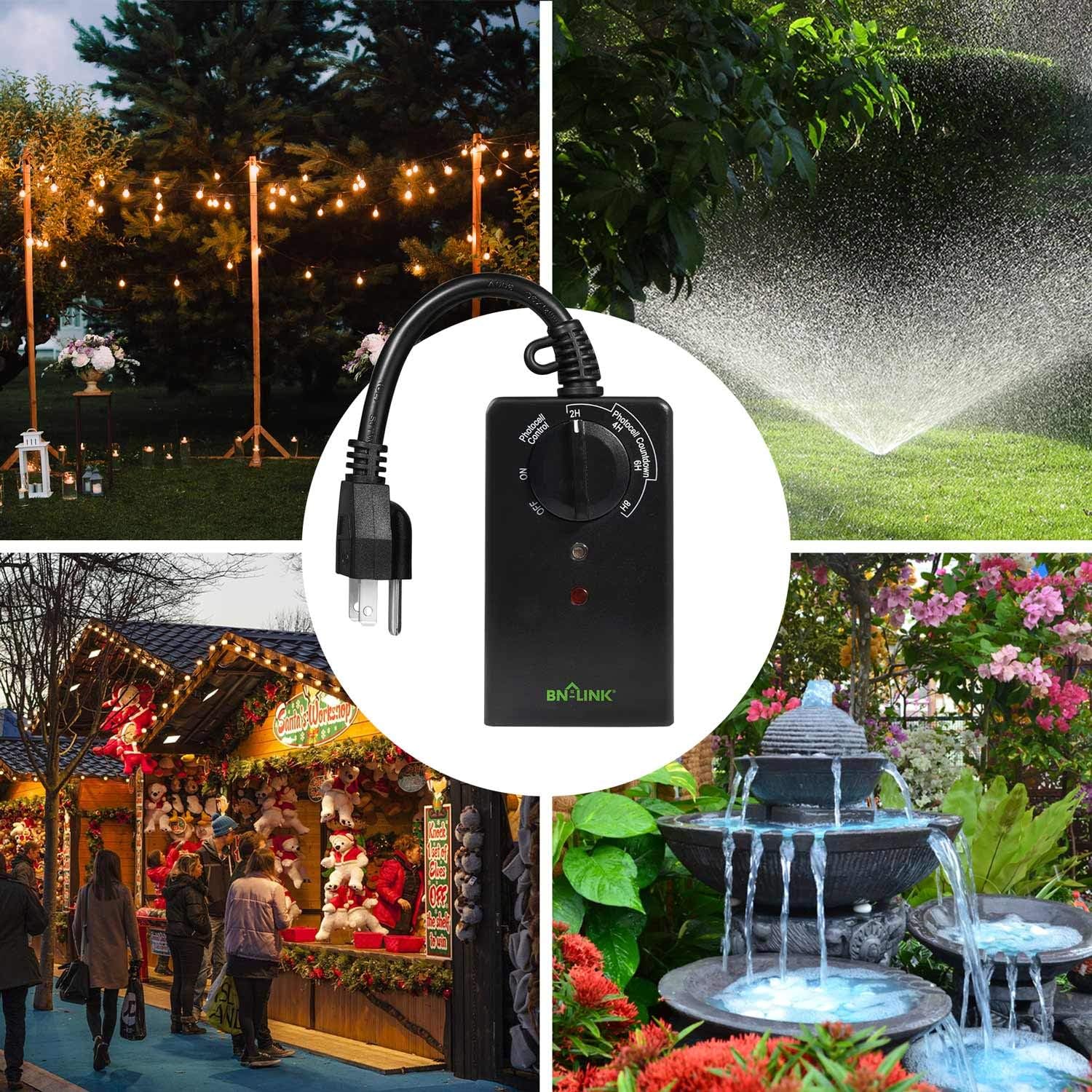 BN-LINK Outdoor 24-Hour Timer With Photocell Light Sensor, Water Resistant Photoelectric Countdown Timer(2, 4, 6 or 8 Hours Mode), Weatherproof, Two (2) Grounded Outlets for Home and Garden, Black - - 