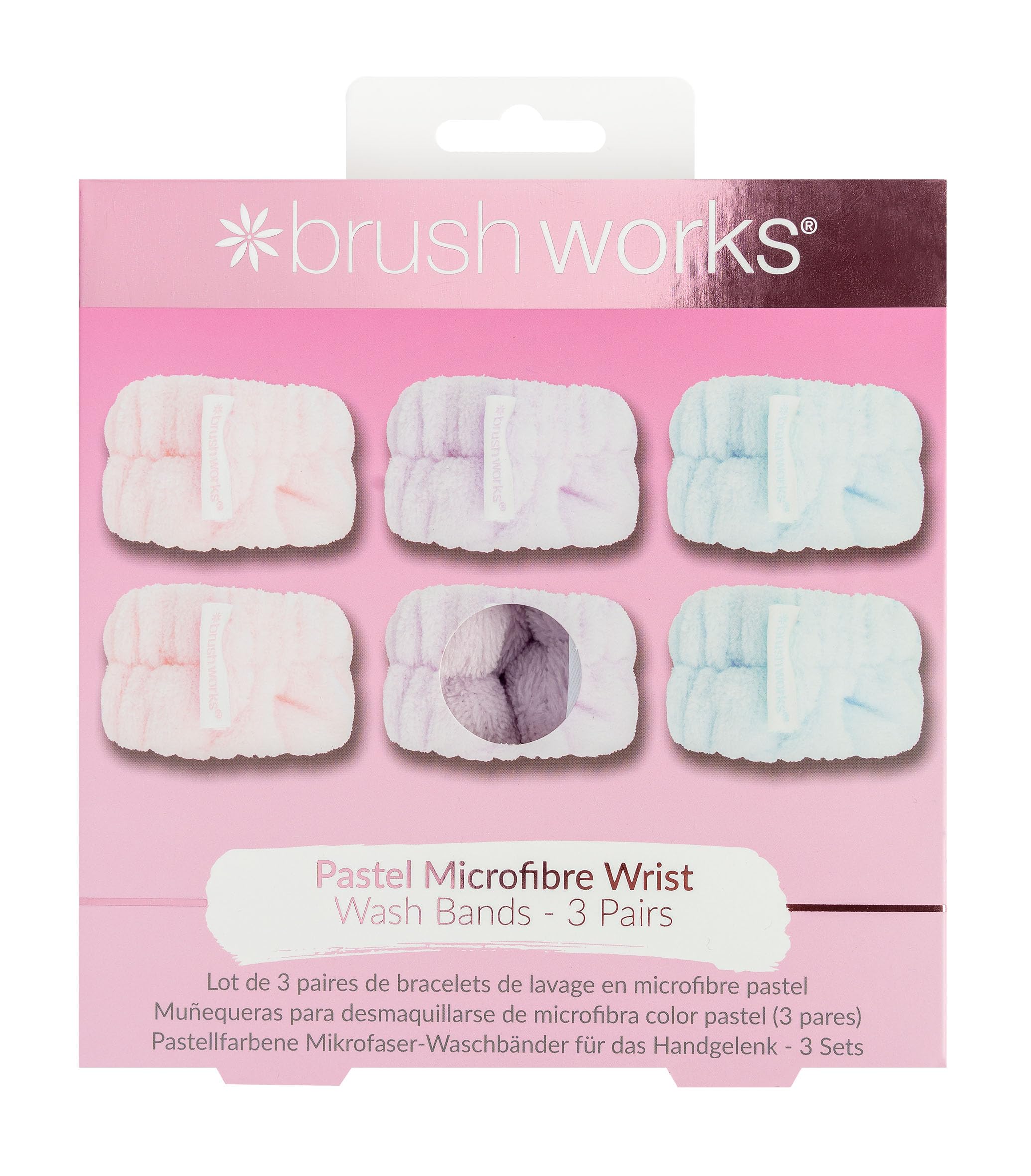 Brushworks Pastel Microfibre Wrist Wash Bands – 3 Pairs of Reusable, Soft & Absorbent Face Washing Wristbands for Mess-Free Skincare Routine