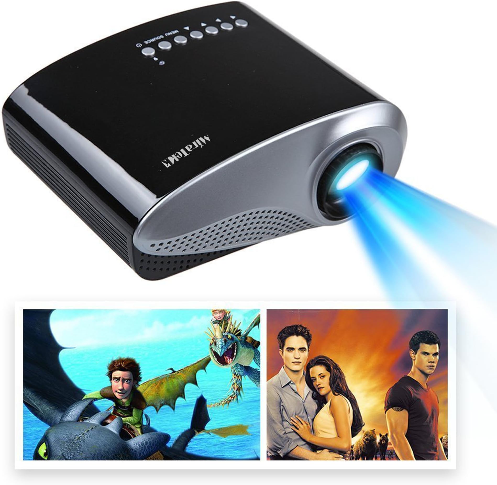 MiraTekk 2.4Inch Portable Mini Projector 16:9 4:3 50,000 Hours, 1000:1 Contrast with Max 1920x1080 Native 480x320 Resolution 60Lumen Multimedia LED Projector - Black
