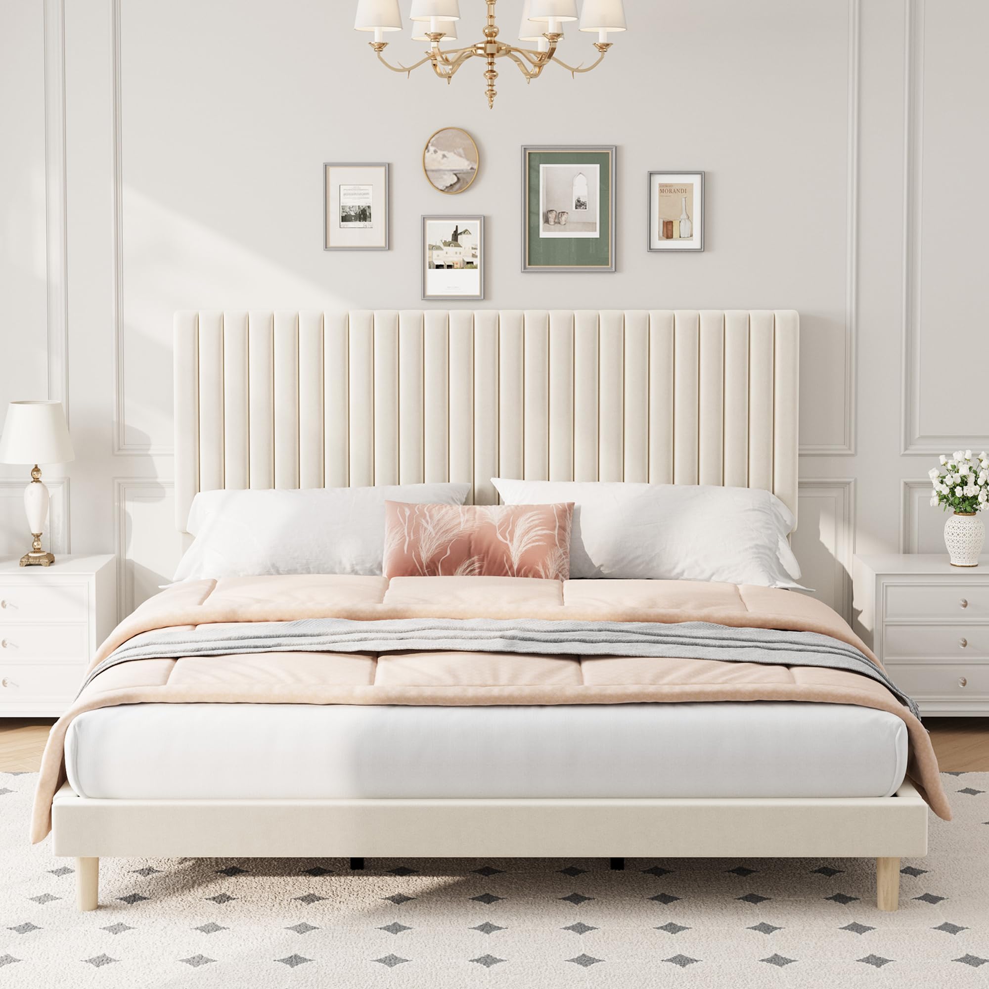 Photo 1 of **Partial Set - Headboard ONLY**
IDEALHOUSE King Bed Frame with Adjustable Headboard, Velvet Upholstered Platform King Size Bed Frame, Vertical Channel Tufted, Strong Wooden Slats, No Box Spring Needed, Easy Assembly, Beige