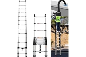 ANSIMIDA 14.4 FT Telescopic Ladder, Aluminum Multi-Purpose Telescoping Extension Ladder with Detachable Hooks, Retraction Ladder for Home Maintenance Indoor Outdoor