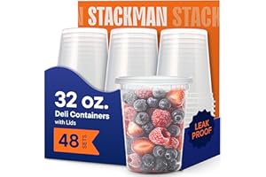 Stack Man 32 oz Deli Containers with Lids (48 Sets) – Quart Clear Plastic Food Storage Containers, Airtight Leak-Resistant Seal, BPA-Free, Microwave & Freezer Safe, Meal Prep Soup Takeout To-Go