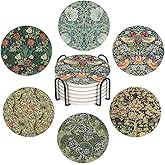 Drink Coasters for Drinks Set of 6, Vintage Art Nouveau Floral Pattern Absorbent Round Ceramic Stone Mat Coaster, with Cork Base and Metal Holder, Home Bar Decor House Warming Gift