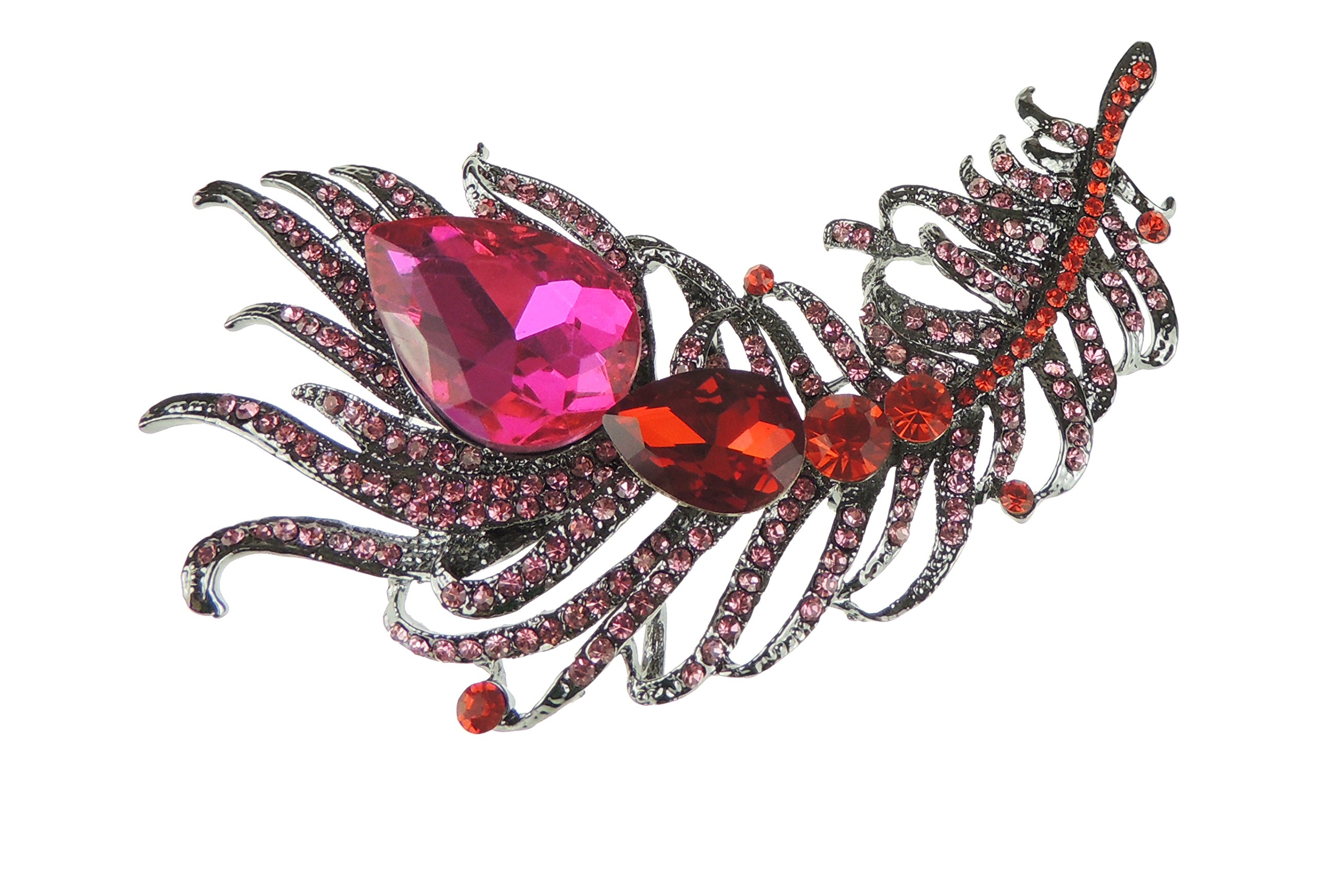 Sparkly Womens Vintage Look Bridal Wedding Birthday Gift Saree Scarf Mother Bride Groom Diamante Crystal Brooch Badge Breastpin Corsage Pin Statement LARGE Bouquet Feather (Fuchsia)