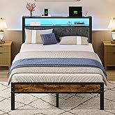Liians Full Size Platform Bed Frame with LED Lights, Charging Station, Grey Upholstered Headboard with 2-Tier Storage Shelves, Noise Free, No Box Spring Needed