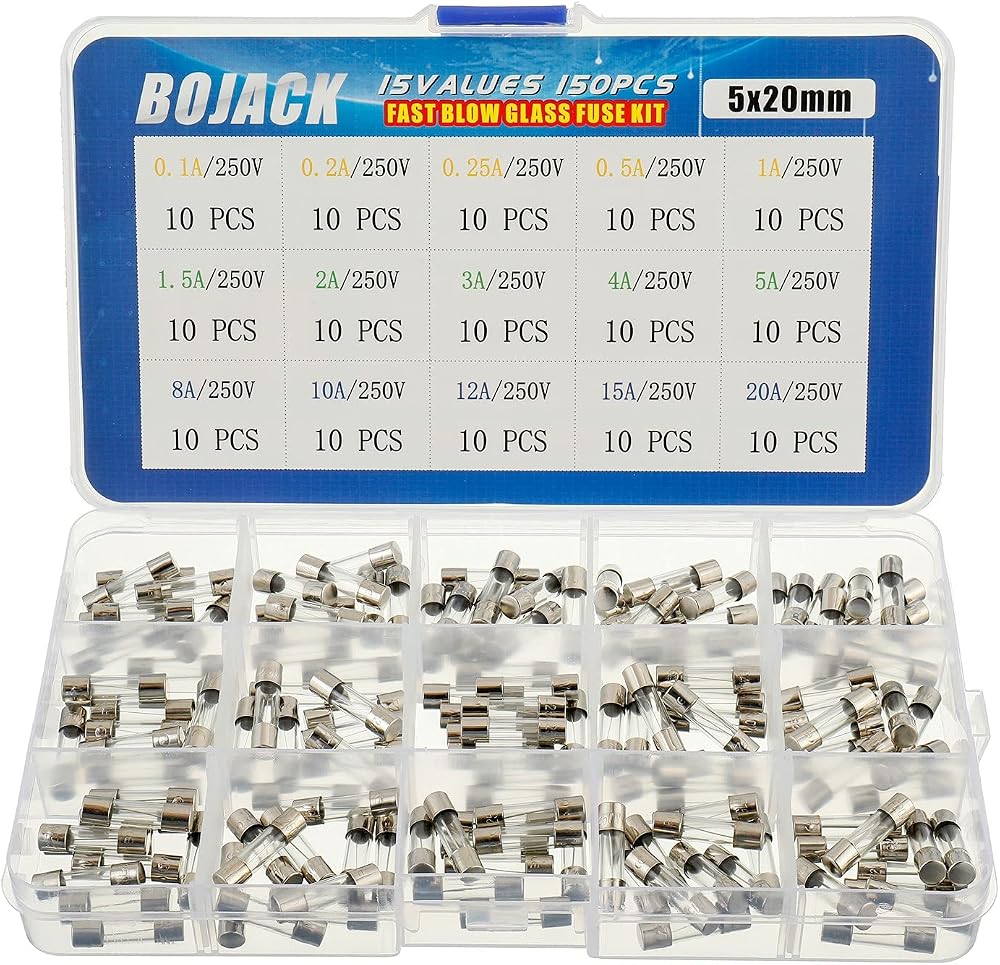BOJACK 150pcs Glass Fuse Kit 5x20mm 250V Fast Blow 0.1-20A Storage Case