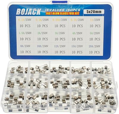 BOJACK 150pcs Glass Fuse Kit 5x20mm 250V Fast Blow 0.1-20A Storage Case