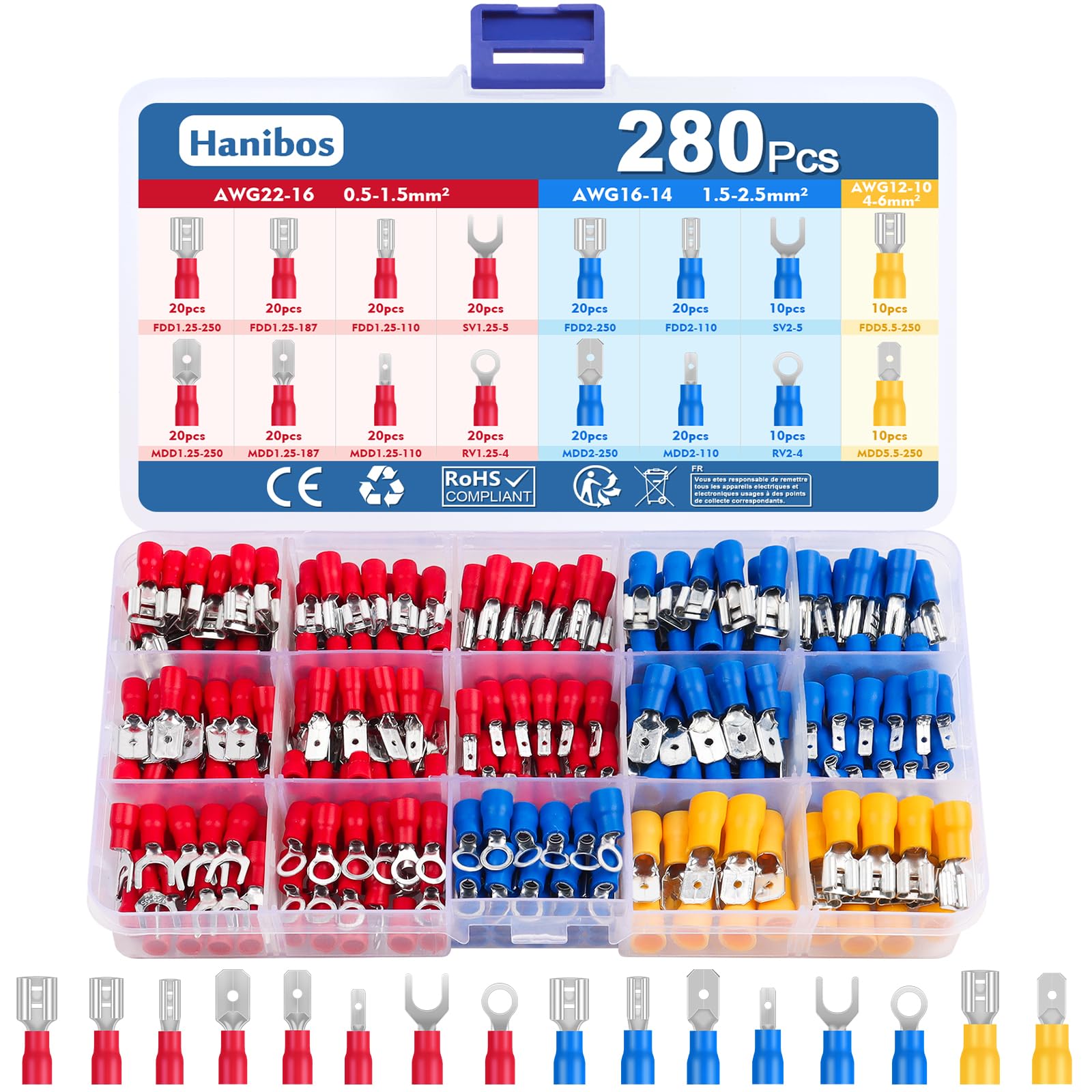 Hanibos 280 Pcs Insulated Crimp Terminals 0.5-6.0mm² Electrical Crimp Connectors Male and Female Spade Connectors Electrical Terminals Set for Car Mechanics Repairs