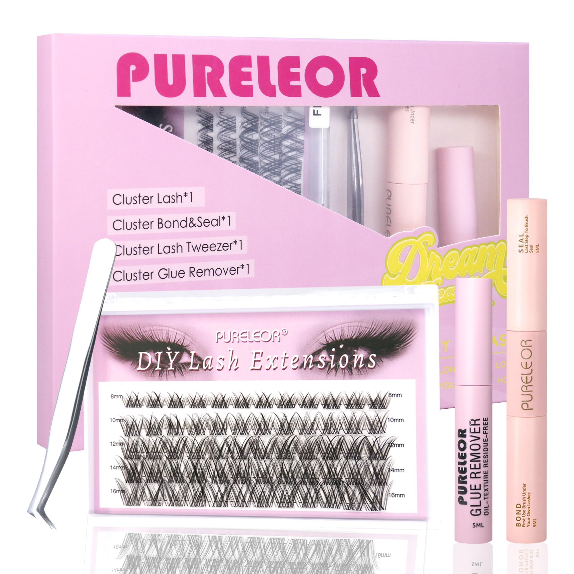 Lash Clusters Clear Band DIY Eyelash Extension Kit with Bond and Seal Lash Applicators Individual Lashes Remover Kit (60pcs 8-16MM)