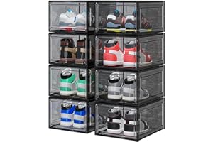 YFXCVSL 8 Pack Thicken & Clear Shoe Boxes Organizer with Magnetic Door, Stackable Storage Boxes for Shoes, Boot, Sneaker - Harder Plastic Shoe Storage Stackable Shoe Boxes for Closet Shoes Wall, Black