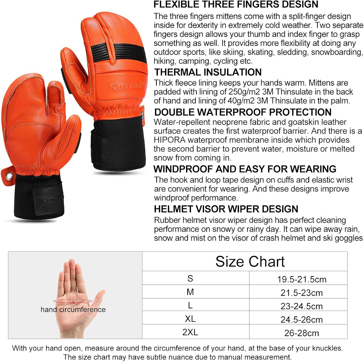 KUTOOK Ski Mittens with HIPORA Waterproof Membrane Goat Leather Gloves for Skiing Outdoor: Clothing