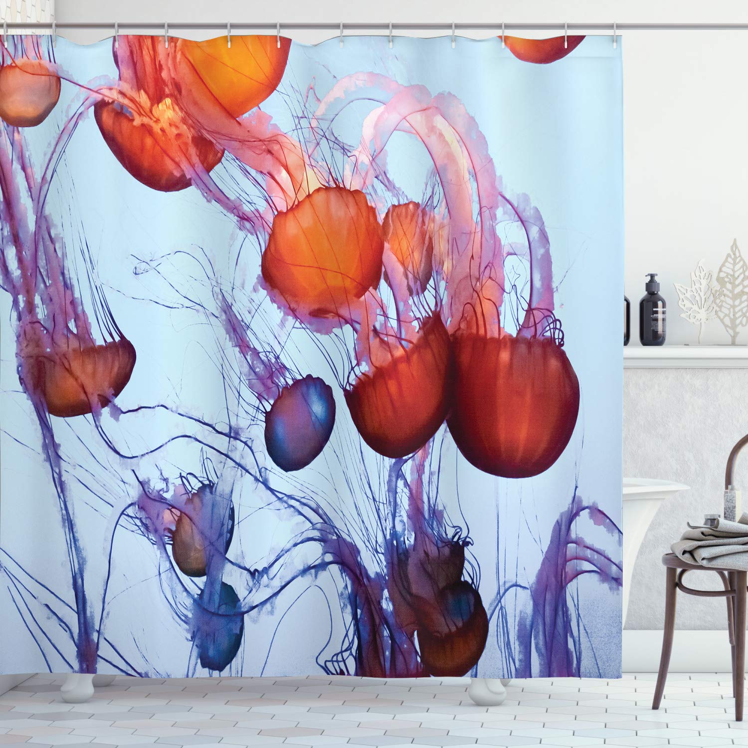 ABAKUHAUS Nautical Shower Curtain, Colorful Jellyfish in Ocean Seaside Waterdrop Detailed Composition Sea Life, Cloth Fabric Bathroom Decor Set with Hooks, 175 x 200 cm, Pale Blue Rust