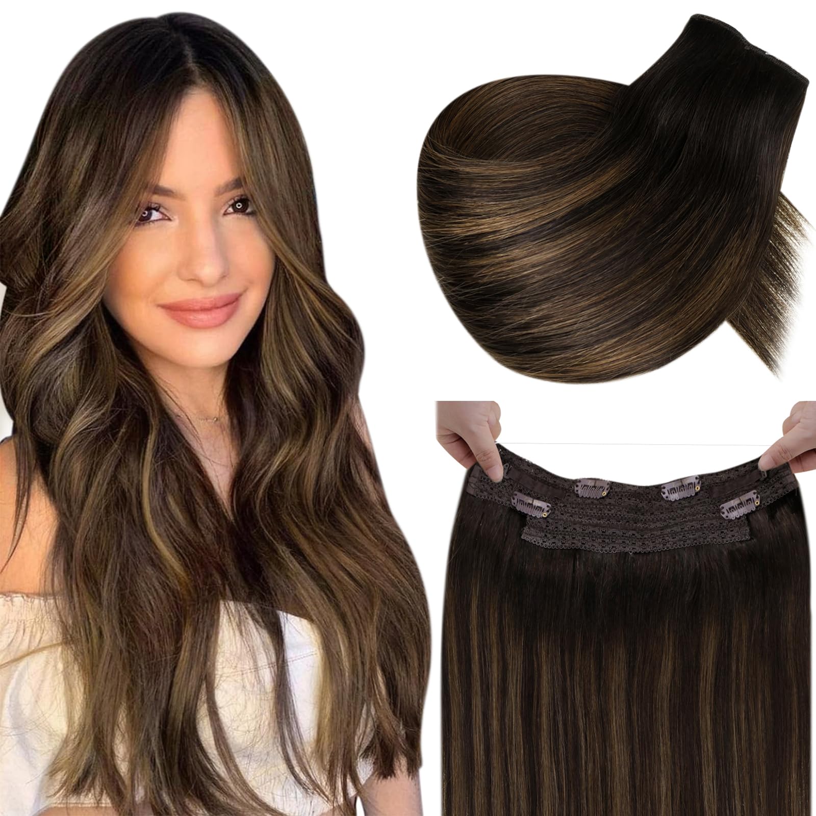 LaaVoo Human Hair Extensions Balayage Darkest Brown to Light Brown Real Remy Hair Invisible Wire Undetectable 100% Real Straight Hair Extensions Long-Lasting 80g 12 Inch #2/8/2