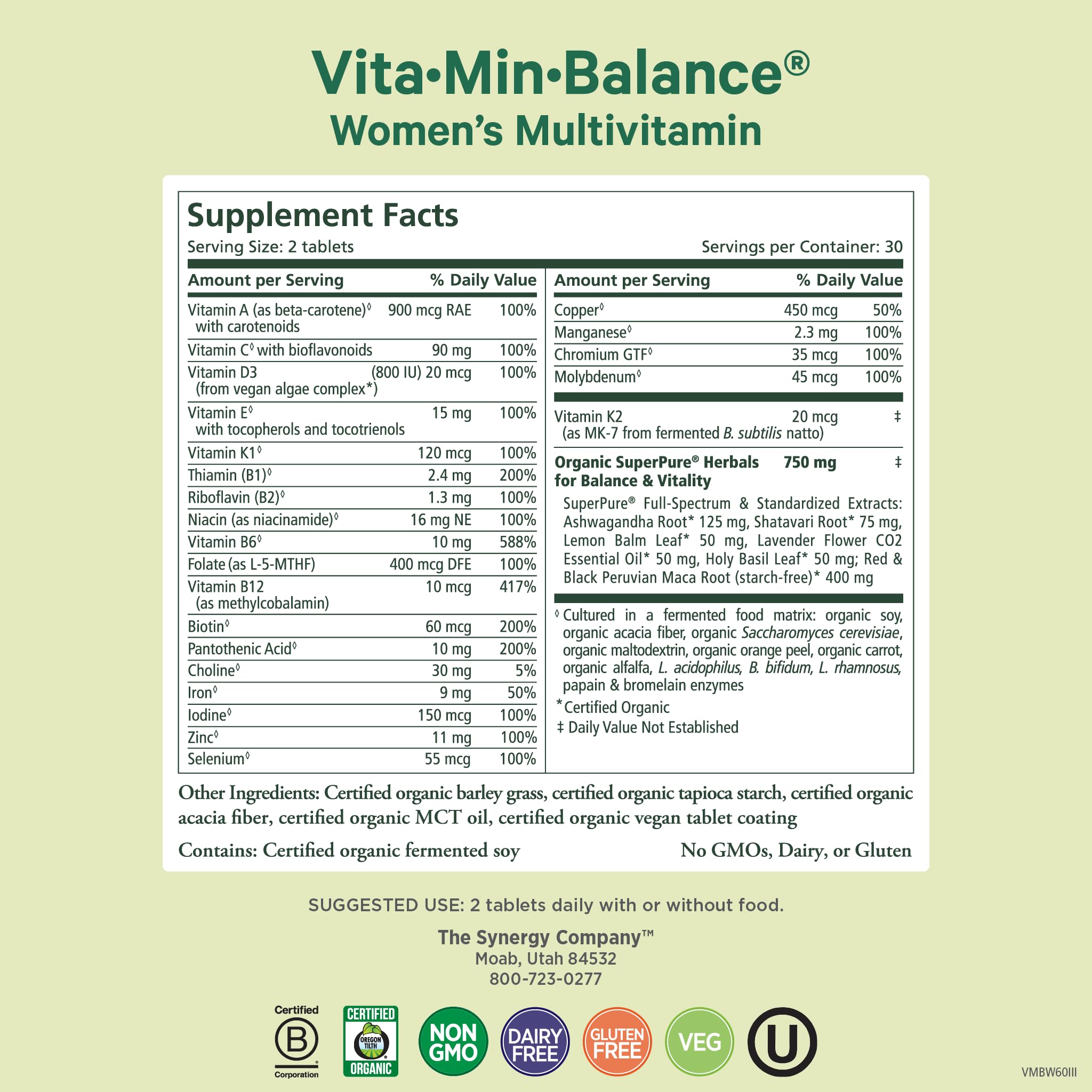 PURE SYNERGY Vita·Min·Balance | Multivitamin for Women with Iron | Women’s Daily Multivitamin Made with Organic Whole Foods | for Balanced Energy and Stress Support (60 Tablets)