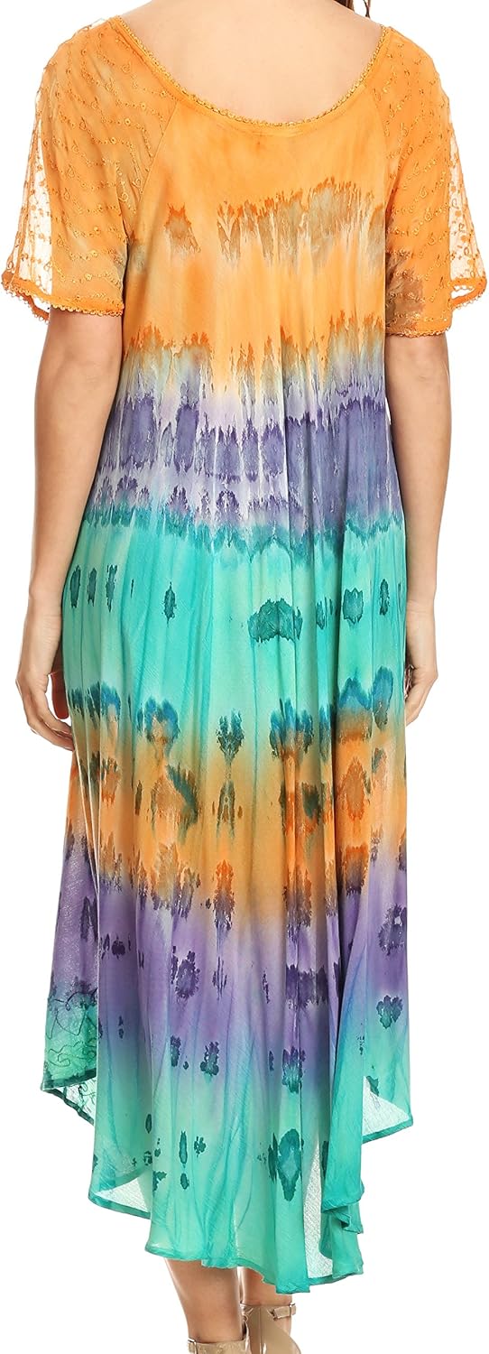 Sakkas 17506 - Sula Long Laced Cotton Tie-Dye Wide Neck Embroidered Boho Sundress Cover Up - Orange/Mint - OS - Image 3