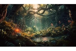 ZATIASMILLER Forest Aquarium Background Lake Fantasy Forest Glowing Trees and Luminescent Flowers Terrarium Background Jungle Stones with Lush Moss Reptile Habitat Background Fish Tank Decor Vinyl 24x16in