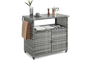 Villeston Wicker Outdoor Bar Cart - Gray Gradient Patio Console Storage Table Buffet Cabinet Serving Kitchen Cart with Wheels for Outside Backyard