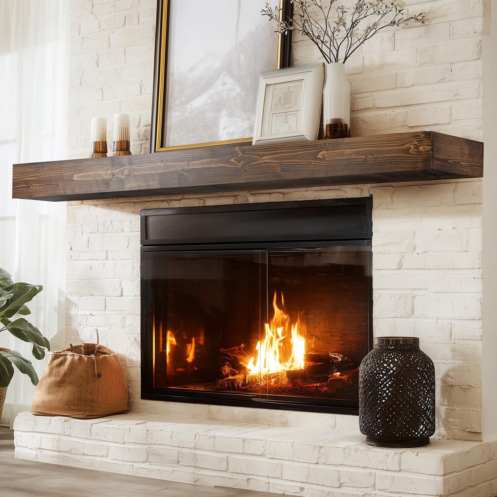 Photo 1 of ABSWHLM 72x8x3 Fireplace Mantel - Handcrafted Hollow Rustic Solid Wood Wall Mounted Floating Shelf with Invisible Heavy Duty Wood Bracket (Weathered Brown)