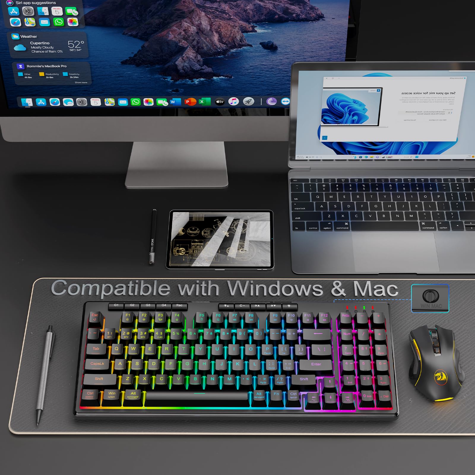 Redragon K517 Pro Wireless Gaming Keyboard, RGB Backlit, Tri-Mode BT/2.4GHz/USB-C, 96% Mechanical Feel 94 Keys Computer Keyboard with 4 Macro Keys, Number Pad, 4000mAh Battery for Win/MAC