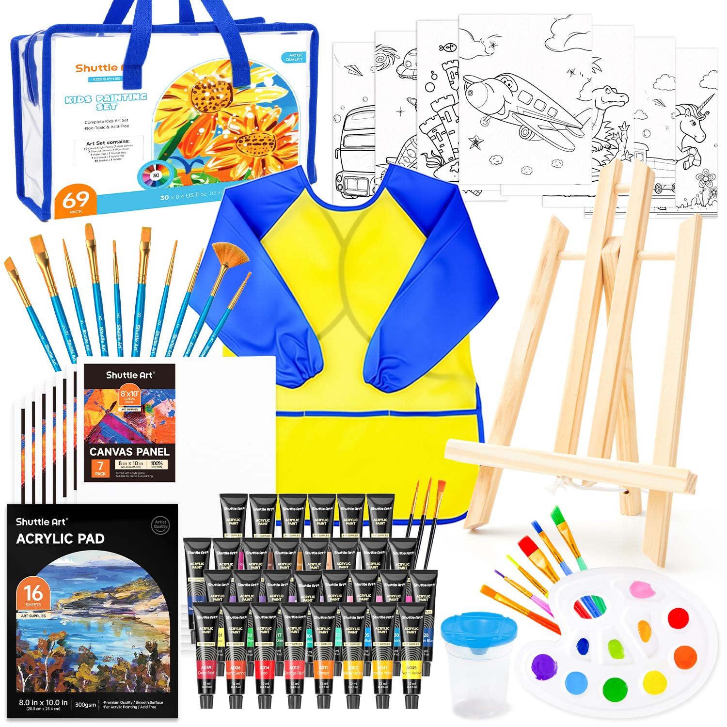 Shuttle Art 69 Pack Kids Paint Set, Art Set for Kids with 30 Colours Acrylic Paint, Wood Easel, Canvases, Painting Pad, Brushes, Palette, Smock & Storage Gag, Complete Paint Supply.