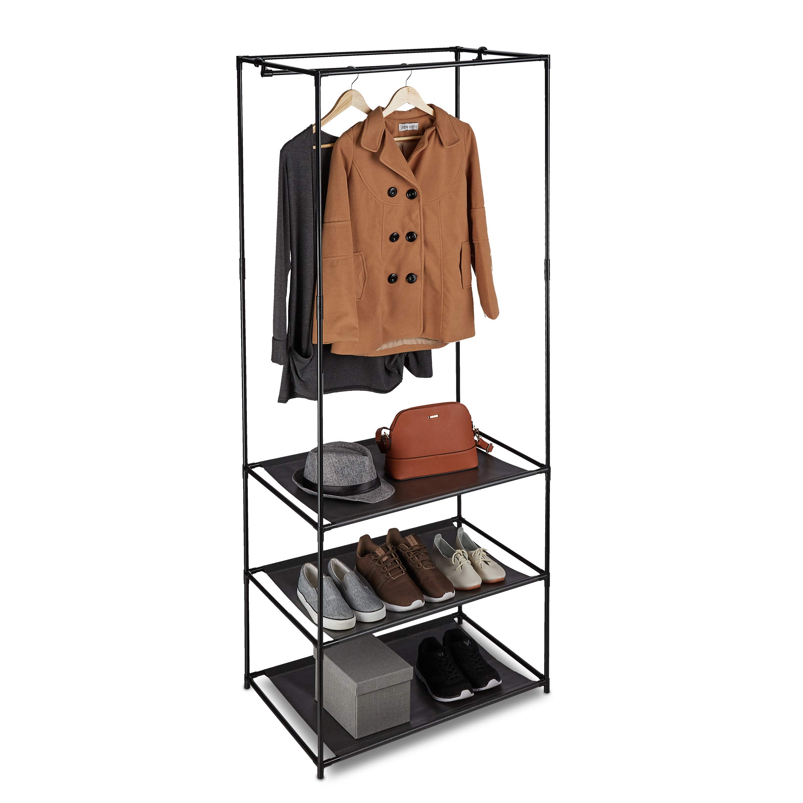 Relaxdays Clothes Stand, Shelves, Open & Foldable With Rail, Metal & Fabric Closet, 179.5x72x48 cm, Black