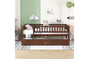 DEINPPA Twin Bed with Drawers, Kids Daybed with Storage, Wooden Bed Frame with Slat for Kids Children Toddlers Boys Girls-Walnut