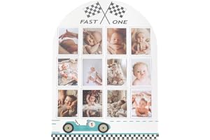 HGFC Fast One Birthday Board - My First Year Photo Board,Monthly Milestone Wood Photo Board,First Birthday Decorations,12 Months Photo Banner (Black and white two-color)