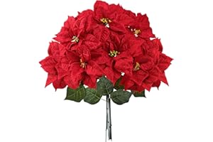 Sggvecsy Artificial Christmas Poinsettia Flowers 9.8’’ Large Heads 6 Pcs Red Velvet Fake Plants with Greenery Leaves Faux Silk Christmas Poinsettia Bouquets for Home Vase Indoor Outdoor Xmas Decor