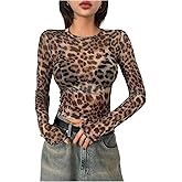 WDIRARA Women's Leopard Mesh Sheer Top Crew Neck Long Sleeve Tee Shirt Fitted Top