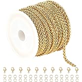 UMAOKANG Gold Plated Jewelry Making Chains Bulk, 304 Stainless Steel Wheat Chain Roll with Jump Rings and Lobster Clasps, Men and Women Necklace Bracelet DIY Jewelry Supplies