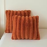 MEGO 2 Pack Fluffy Faux Rabbit Fur Throw Pillow Covers, Comfy Wide Stripe Plush Fuzzy Home Decor Square Cushion Covers with Zipper, Shaggy Furry Pillow Shams Bed Couch Sofa Chair, 18x18, Burnt Orange