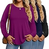 Huukeay 3 Pack Women Plus Size Long Sleeve Tops Loose Fit Tunic Shirts Crewneck Basic Tops Curved Hem Casual T Shirts