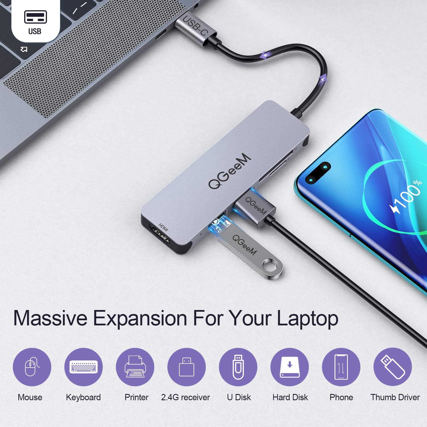 QGeeM USB C Hub, 5 in 1 USB C to HDMI Adapter, with 4K HDMI Output, USB 3.0, SD/TF Card Reader Compatible with MacBook Pro, iPad Pro, XPS, Surface Pro/Go More Type C (Thunderbolt 3) Devices: Computers & Accessories