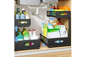 Under Sink Organizer, 2 Pack 2 Tier Pull Out Under Cabinet Organizer Shelf with Pad for Framed Cabinets, Metal Slide Out Unde