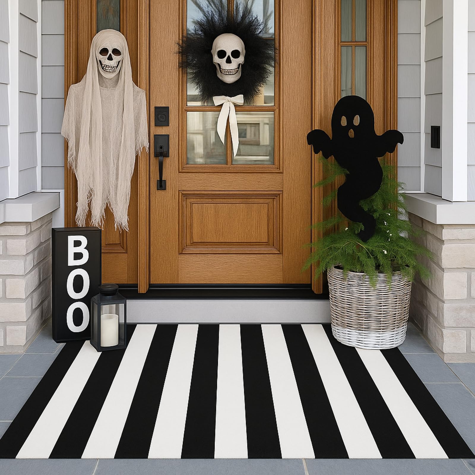 Photo 1 of Duraaamo Black and White Halloween Striped Rug 24 x 35 Inch Heavy Cord Area Rug Machine Washable Front Porch Door Mat Welcome Layered Rustic Doormat for Indoor Outdoor Entryway Farmhouse Decor