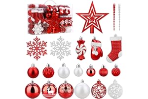 SOLEDI 128 Pcs Christmas Tree Decorations Set Assorted Christmas Ornaments, Pre-Tied Christmas Balls for Xmas Hanging Decorations Festival Holiday Decor, Shiny, Shatterproof Decorated Baubles, Red